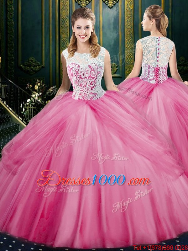 Four Piece Rose Pink Scoop Zipper Lace and Appliques and Pick Ups 15th Birthday Dress Sleeveless