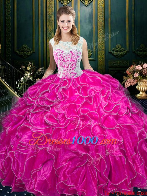 Scoop Sleeveless Quinceanera Dresses Floor Length Lace and Ruffles Fuchsia Organza