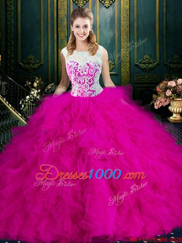 Glittering Scoop Sleeveless Lace and Ruffles Zipper Quince Ball Gowns