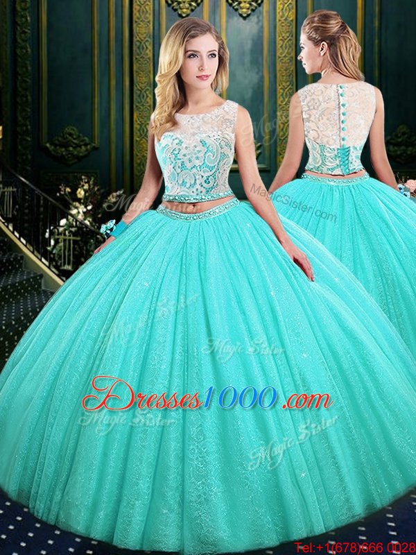 Four Piece Scoop Sequins Blue Sleeveless Tulle and Sequined Lace Up Sweet 16 Quinceanera Dress for Military Ball and Sweet 16 and Quinceanera