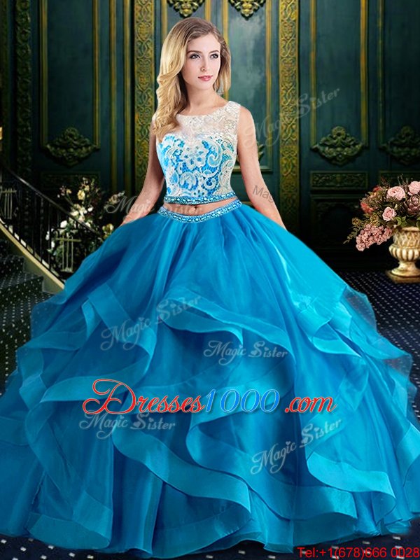 Brush Train Two Pieces Vestidos de Quinceanera Baby Blue Scoop Tulle Sleeveless With Train Zipper