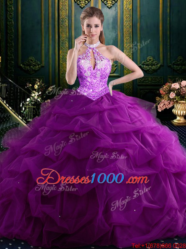 Halter Top Navy Blue Ball Gowns Beading and Pick Ups Quinceanera Dress Lace Up Tulle Sleeveless Floor Length