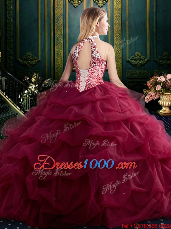 Halter Top Navy Blue Ball Gowns Beading and Pick Ups Quinceanera Dress Lace Up Tulle Sleeveless Floor Length
