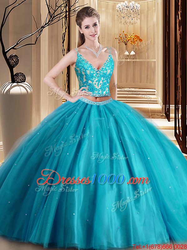Decent Teal Sleeveless Floor Length Beading and Lace and Appliques Lace Up Quinceanera Dress