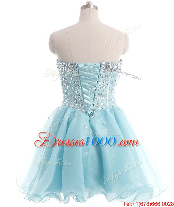 High Class Baby Blue Organza Lace Up Womens Party Dresses Sleeveless Mini Length Beading