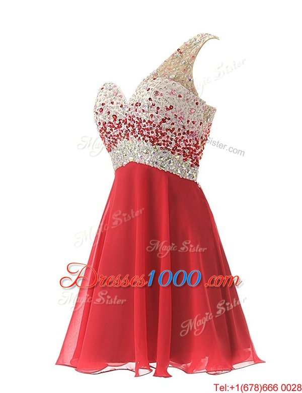 Custom Designed One Shoulder Red A-line Beading Going Out Dresses Criss Cross Chiffon Sleeveless Knee Length