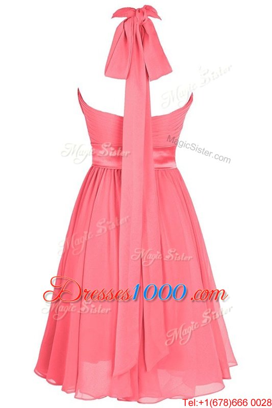 Halter Top Sleeveless Tea Length Ruching and Belt Backless with Watermelon Red
