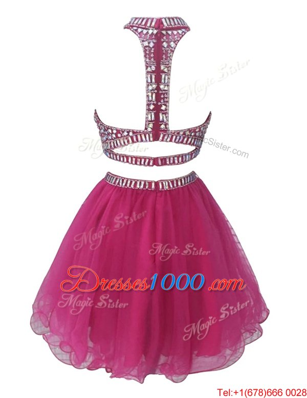 High-neck Sleeveless Zipper Womens Party Dresses Fuchsia Chiffon