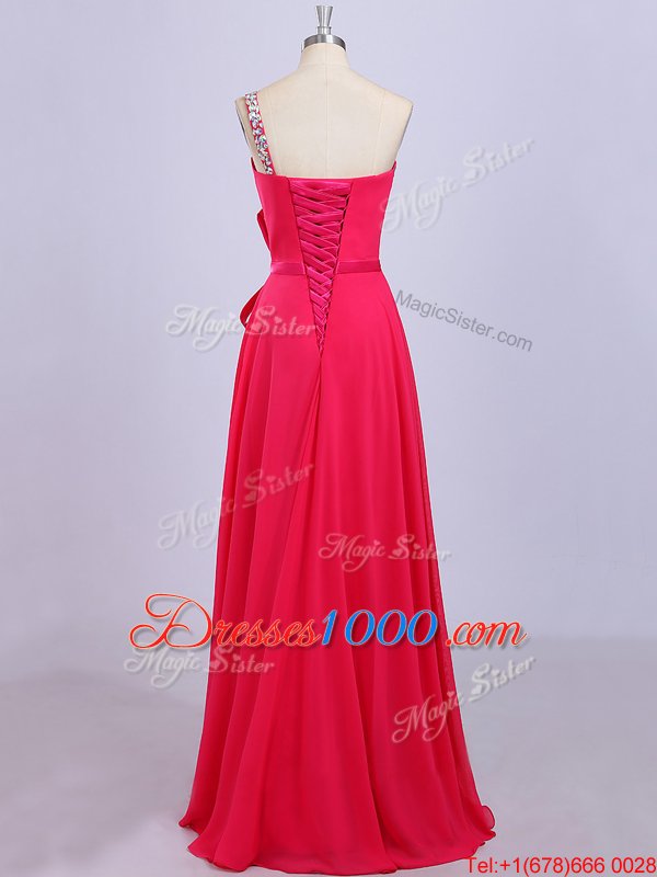 Latest Hot Pink Empire Chiffon One Shoulder Sleeveless Beading and Belt Floor Length Zipper