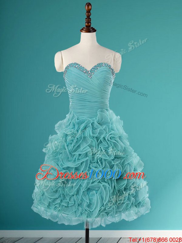 Beautiful Beading and Ruffles Evening Gowns Turquoise Lace Up Sleeveless Mini Length