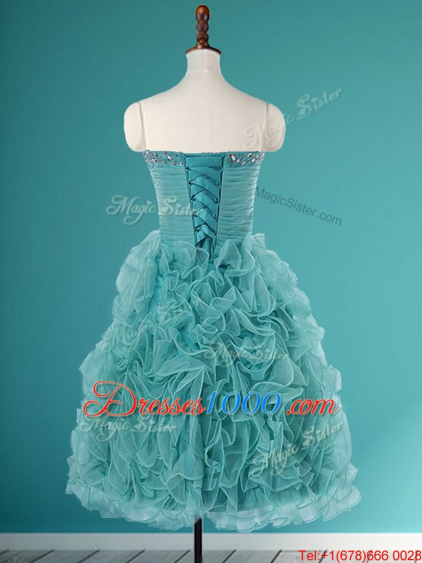 Beautiful Beading and Ruffles Evening Gowns Turquoise Lace Up Sleeveless Mini Length