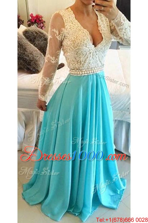 Baby Blue A-line Lace Going Out Dresses Backless Chiffon Long Sleeves Floor Length