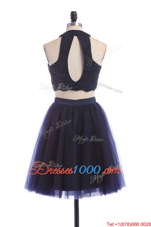 High Class Halter Top Sleeveless Tulle Knee Length Zipper Casual Dresses in Navy Blue for with Appliques