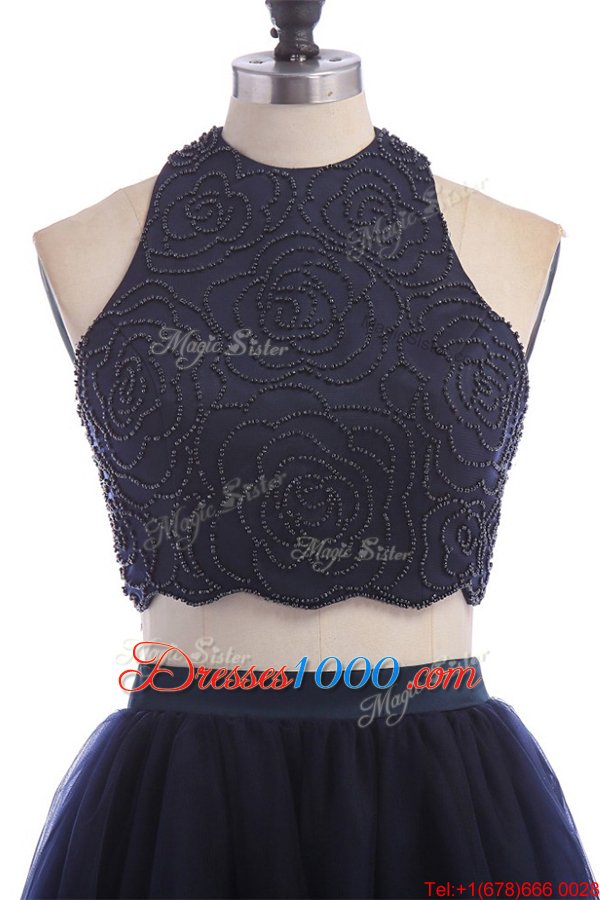 High Class Halter Top Sleeveless Tulle Knee Length Zipper Casual Dresses in Navy Blue for with Appliques