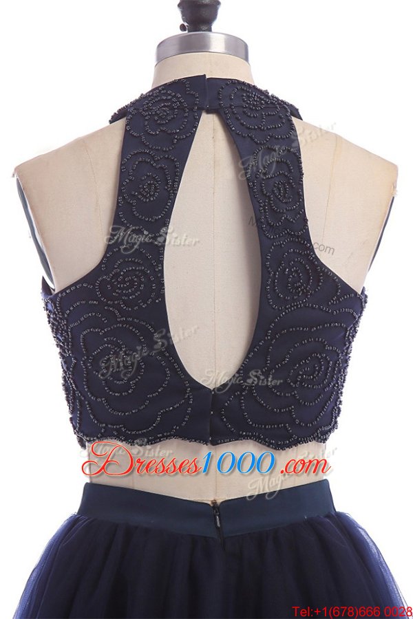 High Class Halter Top Sleeveless Tulle Knee Length Zipper Casual Dresses in Navy Blue for with Appliques