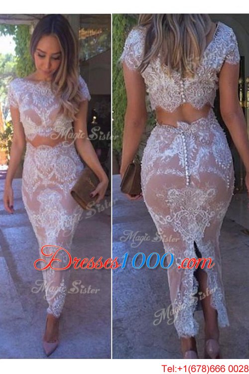 High Class Lace Scoop Short Sleeves Clasp Handle Lace Evening Outfits in Pink