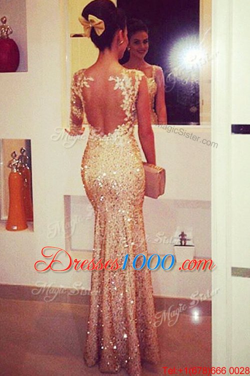 Fantastic Mermaid Lace and Appliques and Sequins Prom Dress Gold Backless Long Sleeves Floor Length