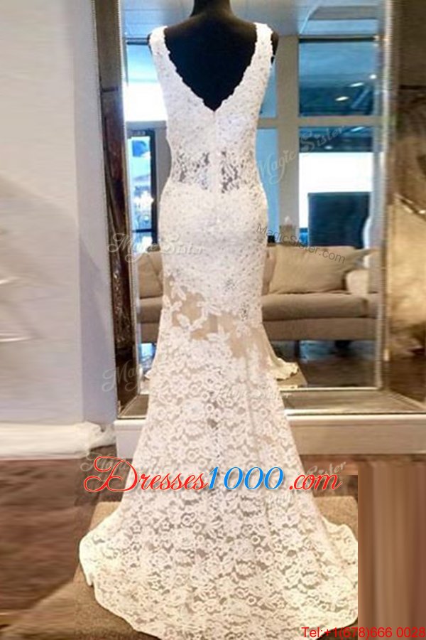 Lovely Mermaid Lace Sleeveless Sweep Train Zipper Beading Evening Gowns