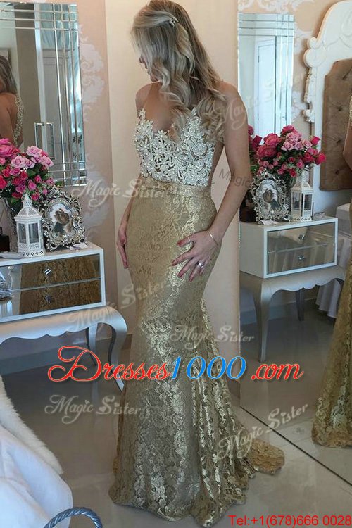Traditional Mermaid Lace Gold Prom Party Dress Spaghetti Straps Sleeveless Brush Train Zipper