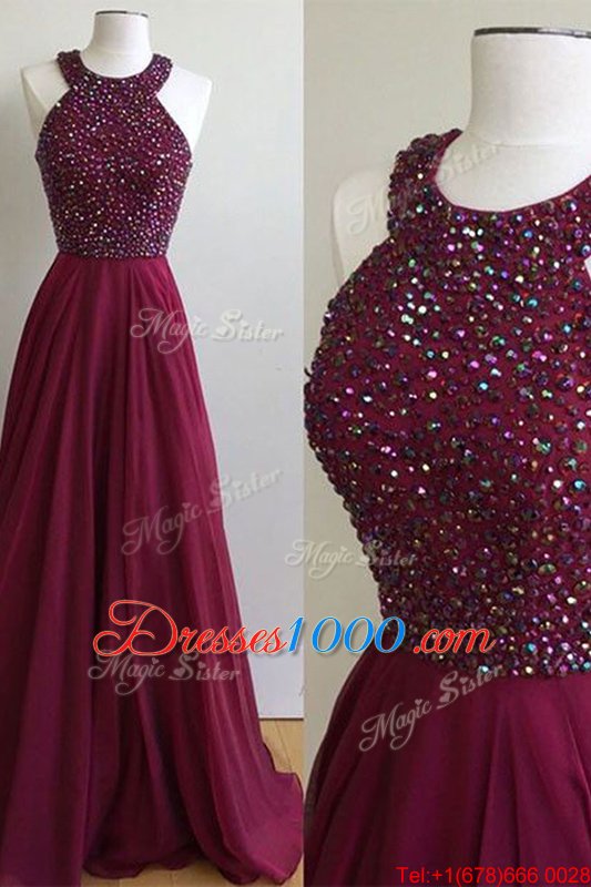 Burgundy Halter Top Zipper Beading Evening Dresses Sweep Train Sleeveless