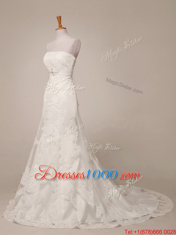 Excellent White Strapless Neckline Lace Wedding Gowns Sleeveless Lace Up