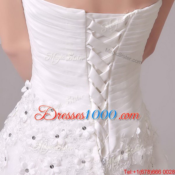 Unique With Train White Wedding Dress Sweetheart Sleeveless Brush Train Lace Up