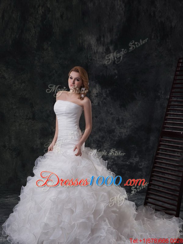 Beauteous Sleeveless Tulle Floor Length Lace Up Bridal Gown in White for with Beading and Appliques and Hand Made Flower