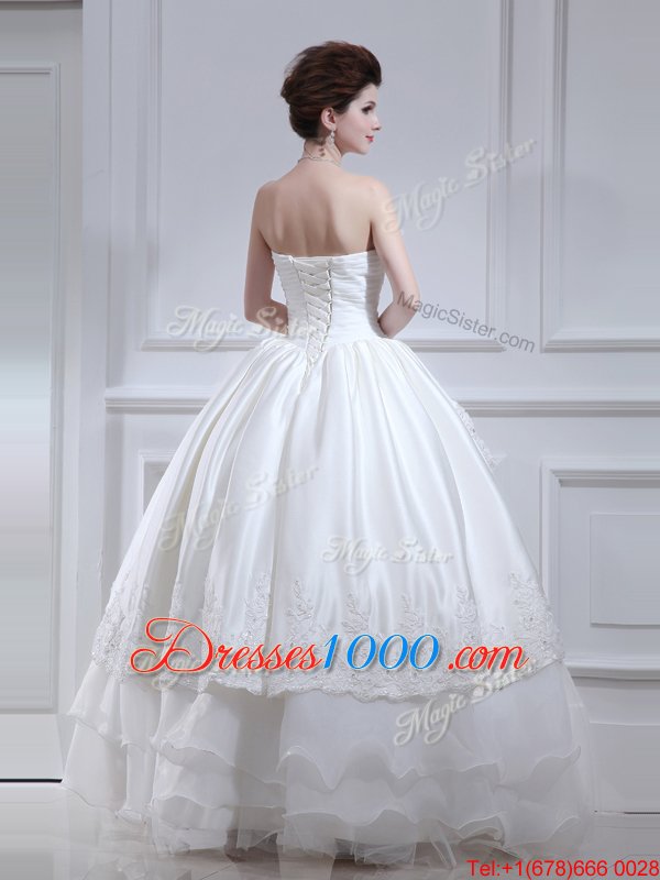 Exceptional White A-line Strapless Sleeveless Organza and Taffeta Floor Length Lace Up Beading and Appliques and Ruffled Layers Wedding Dress