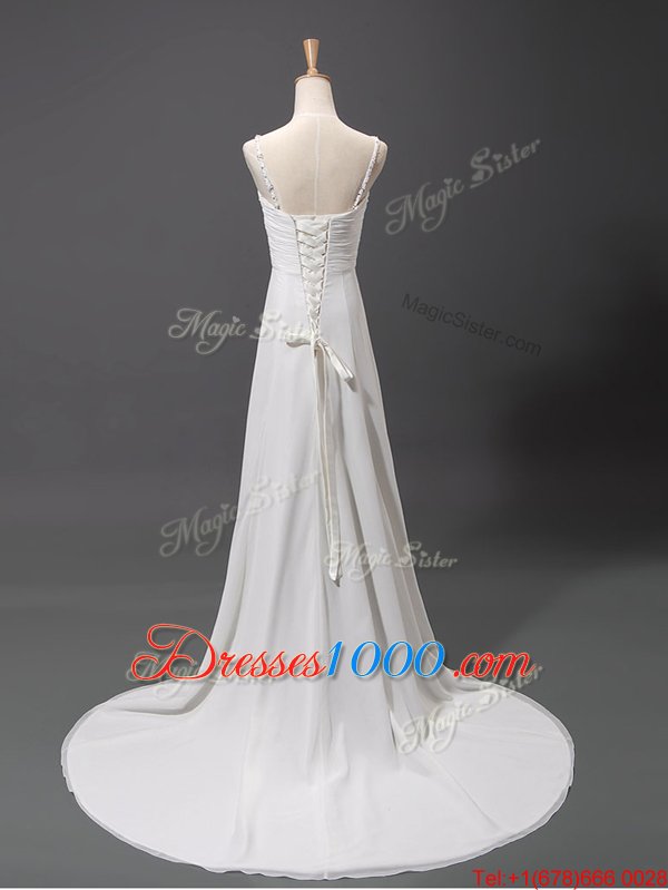 White Column/Sheath V-neck Sleeveless Chiffon With Brush Train Lace Up Beading Wedding Dresses