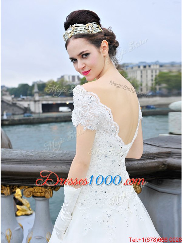 White A-line Sweetheart Sleeveless Lace Brush Train Lace Up Beading and Lace and Bowknot Wedding Gowns
