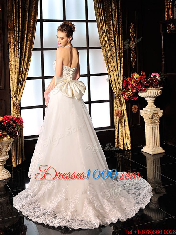 White A-line Sweetheart Sleeveless Lace Brush Train Lace Up Beading and Lace and Bowknot Wedding Gowns