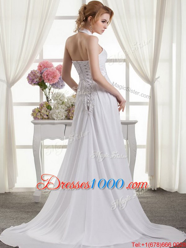 Elegant White A-line V-neck Sleeveless Organza With Train Court Train Lace Up Beading and Appliques and Ruffles and Pick Ups Wedding Dress