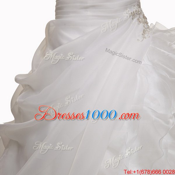 Elegant White A-line V-neck Sleeveless Organza With Train Court Train Lace Up Beading and Appliques and Ruffles and Pick Ups Wedding Dress
