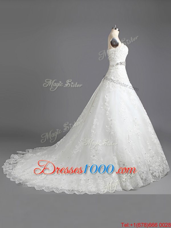 Sexy With Train White Wedding Gown Lace Court Train Sleeveless Beading and Lace
