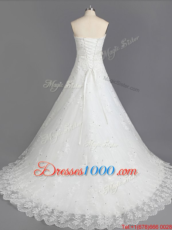 Sexy With Train White Wedding Gown Lace Court Train Sleeveless Beading and Lace
