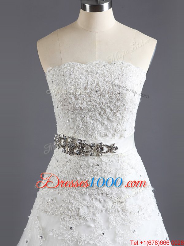 Sexy With Train White Wedding Gown Lace Court Train Sleeveless Beading and Lace