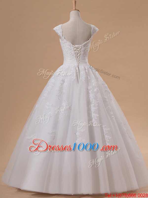Pretty Cap Sleeves Tulle Floor Length Lace Up Wedding Dresses in White for with Lace and Appliques and Sequins