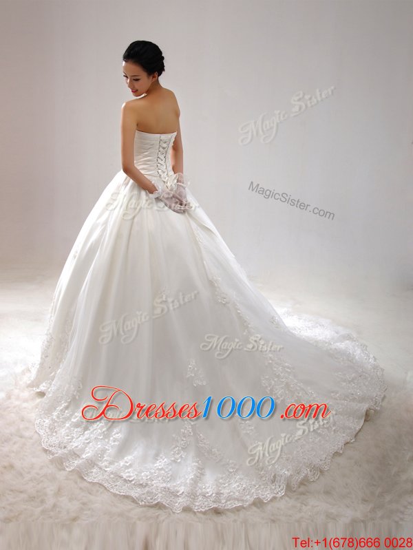 Charming Sleeveless Brush Train Beading and Lace and Appliques and Ruching Lace Up Wedding Gowns
