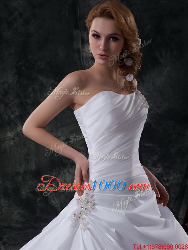 Simple One Shoulder Sleeveless Taffeta Wedding Dresses Beading and Pick Ups Brush Train Lace Up