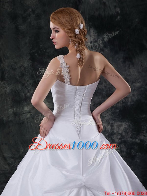 Simple One Shoulder Sleeveless Taffeta Wedding Dresses Beading and Pick Ups Brush Train Lace Up