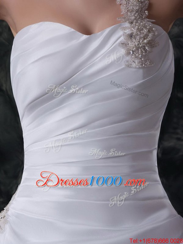 Simple One Shoulder Sleeveless Taffeta Wedding Dresses Beading and Pick Ups Brush Train Lace Up