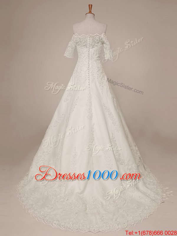 Popular Scalloped Half Sleeves Wedding Gowns Sweep Train Lace White Lace