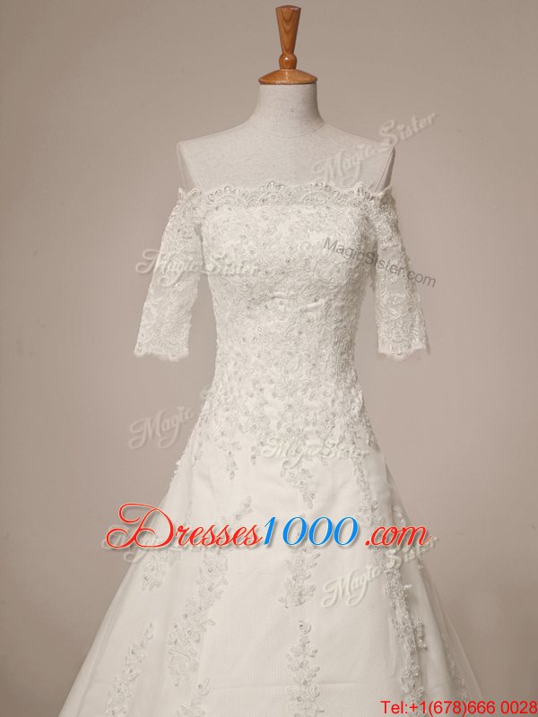 Popular Scalloped Half Sleeves Wedding Gowns Sweep Train Lace White Lace
