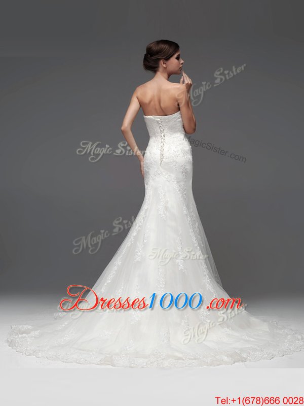 Dramatic White Lace Up Wedding Dress Lace Sleeveless With Brush Train