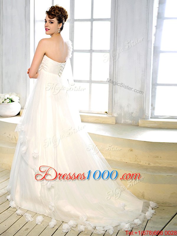 One Shoulder Sleeveless Tulle Wedding Gown Sashes|ribbons and Hand Made Flower Brush Train Lace Up