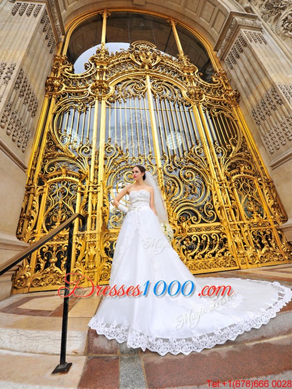 White Organza Lace Up Wedding Gown Sleeveless With Brush Train Beading and Lace and Appliques