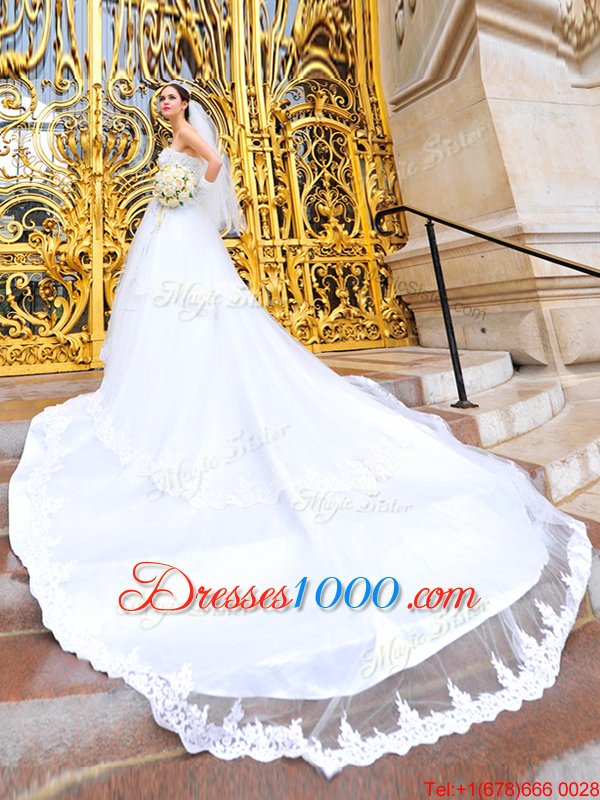 White Organza Lace Up Wedding Gown Sleeveless With Brush Train Beading and Lace and Appliques