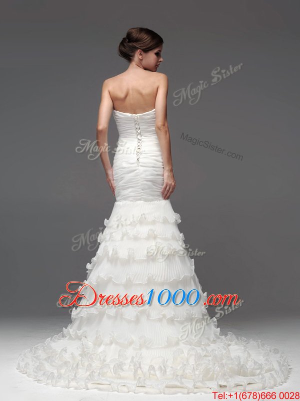 Adorable Mermaid White Organza Lace Up Wedding Gowns Sleeveless With Brush Train Ruffled Layers