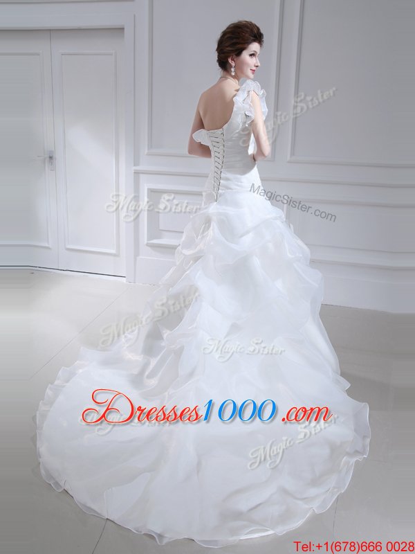 White Lace Up One Shoulder Ruffles and Ruching and Pick Ups Wedding Dress Organza and Tulle Sleeveless Brush Train