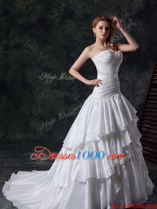 Ruffled Sweetheart Sleeveless Brush Train Lace Up Wedding Gowns White Taffeta